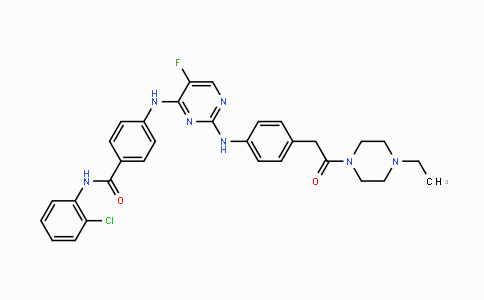 CAS No. 1158838-45-9, N-(2-Chlorophenyl)-4-((2-((4-(2-(4-ethylpiperazin-1-yl)-2-oxoethyl)-phenyl)amino)-5-fluoropyrimidin-4-yl)amino)benzamide