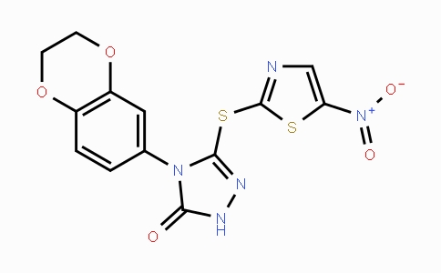 CAS No. 883065-90-5, 4-(2,3-Dihydrobenzo[b][1,4]dioxin-6-yl)-3-((5-nitro-thiazol-2-yl)thio)-1H-1,2,4-triazol-5(4H)-one