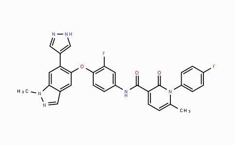 CAS No. 1206799-15-6, N-(3-Fluoro-4-((1-methyl-6-(1H-pyrazol-4-yl)-1H-indazol-5-yl)oxy)phenyl)-1-(4-fluorophenyl)-6-methyl-2-oxo-1,2-dihydropyridine-3-carboxamide