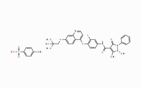 CAS No. 1394820-77-9, N-(3-Fluoro-4-((7-(2-hydroxy-2-methylpropoxy)quinolin-4-yl)oxy)phenyl)-1,5-dimethyl-3-oxo-2-phenyl-2,3-dihydro-1H-pyrazole-4-carboxamide p-toluenesulfonate