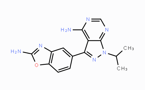 CAS No. 1224844-38-5, 5-(4-Amino-1-isopropyl-1H-pyrazolo[3,4-d]-pyrimidin-3-yl)benzo[d]oxazol-2-amine