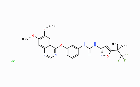 CAS No. 1227678-26-3, 1-(3-(6,7-Dimethoxyquinazolin-4-yloxy)phenyl)-3-(5-(1,1,1-trifluoro-2-methylpropan-2-yl)isoxazol-3-yl)urea hydrochloride