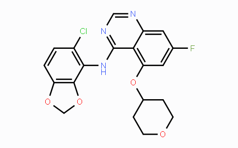 CAS No. 379230-38-3, N-(5-Chlorobenzo[d][1,3]dioxol-4-yl)-7-fluoro-5-((tetrahydro-2H-pyran-4-yl)oxy)quinazolin-4-amine