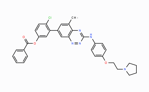 CAS No. 867331-82-6, 4-Chloro-3-(5-methyl-3-((4-(2-(pyrrolidin-1-yl)ethoxy)phenyl)-amino)benzo[e][1,2,4]triazin-7-yl)phenyl benzoate