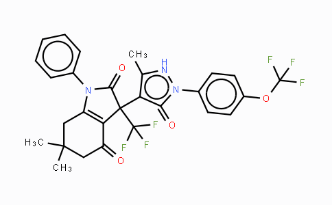 CAS No. 1067647-43-1, 6,6-Dimethyl-3-(5-methyl-3-oxo-2-(4-(trifluoromethoxy)phenyl)-2,3-dihydro-1H-pyrzol-4-yl)-1-phenyl-3-(trifluoromethyl)-6,7-dihydro-1H-indole-2,4(3H,5H)-dione