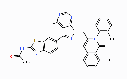 CAS No. 1172118-03-4, N-(6-(4-Amino-1-((8-methyl-1-oxo-2-(o-tolyl)-1,2-dihydroisoquinolin-3-yl)-methyl)-1H-pyrazolo[3,4-d]pyrimidin-3-yl)benzo[d]thiazol-2-yl)acetamide