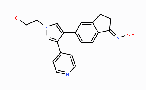 CAS No. 905281-76-7, (E)-5-(1-(2-Hydroxyethyl)-3-(pyridin-4-yl)-1H-pyrazol-4-yl)-2,3-dihydro-1H-inden-1-one oxime