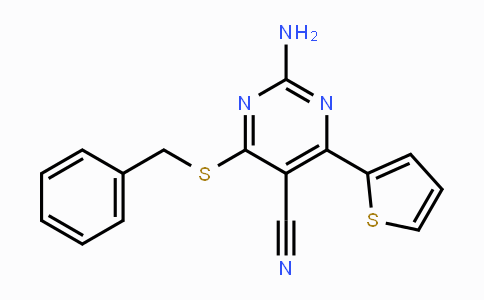 CAS No. 478067-09-3, 2-Amino-4-(benzylsulfanyl)-6-(2-thienyl)-5-pyrimidinecarbonitrile