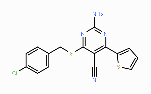 CAS No. 478067-10-6, 2-Amino-4-[(4-chlorobenzyl)sulfanyl]-6-(2-thienyl)-5-pyrimidinecarbonitrile