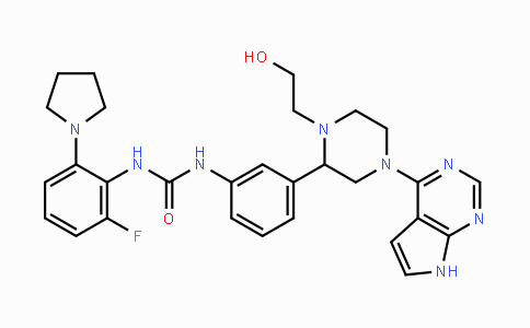 CAS No. 1271803-29-2, 1-(2-fluoro-6-(pyrrolidin-1-yl)phenyl)-3-(3-(1-(2-hydroxyethyl)-4-(7H-pyrrolo[2,3-d]pyrimidin-4-yl)piperazin-2-yl)phenyl)urea