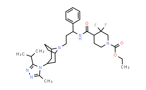 CAS No. 1673576-00-5, Ethyl 3,3-difluoro-4-[[3-[3-(3-methyl-5-propan-2-yl-1,2,4-triazol-4-yl)-8-azabicyclo[3.2.1]octan-8-yl]-1-phenylpropyl]carbamoyl]piperidine-1-carboxylate