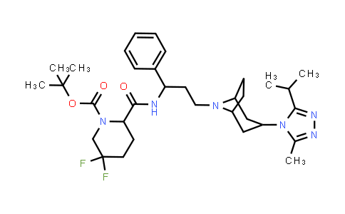 CAS No. 1673575-87-5, Tert-butyl 5,5-difluoro-2-[[3-[3-(3-methyl-5-propan-2-yl-1,2,4-triazol-4-yl)-8-azabicyclo[3.2.1]octan-8-yl]-1-phenylpropyl]carbamoyl]piperidine-1-carboxylate