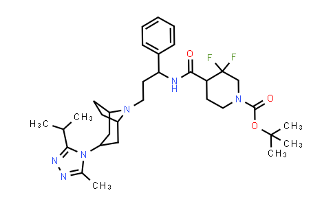 MC457979 | 1673575-90-0 | Tert-butyl 3,3-difluoro-4-[[3-[3-(3-methyl-5-propan-2-yl-1,2,4-triazol-4-yl)-8-azabicyclo[3.2.1]octan-8-yl]-1-phenylpropyl]carbamoyl]piperidine-1-carboxylate