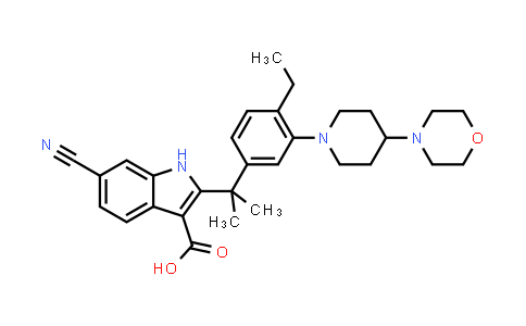 CAS No. 1256584-78-7, 6-cyano-2-(2-(4-ethyl-3-(4-morpholinopiperidin-1-yl)phenyl)propan-2-yl)-1H-indole-3-carboxylic acid