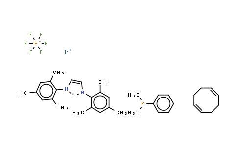 CAS No. 1019853-03-2, (Dimethylphenylphosphine)(1,5-cyclooctadiene)[1,3-bis(2,4,6-trimethylphenyl)imidazol-2-ylidene]iridium(I) hexafluorophosphate