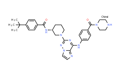 CAS No. 1062128-66-8, Benzamide, 4-(1,1-dimethylethyl)-N-[(3R)-1-[4-[[4-(1-piperazinylcarbonyl)phenyl]amino]imidazo[2,1-f][1,2,4]triazin-2-yl]-3-piperidinyl]-