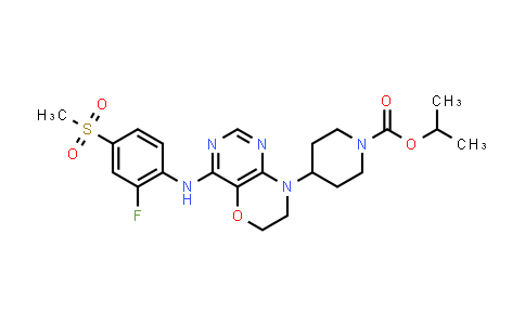 CAS No. 1079051-41-4, 1-Piperidinecarboxylic acid, 4-[4-[[2-fluoro-4-(methylsulfonyl)phenyl]amino]-6,7-dihydro-8H-pyrimido[5,4-b][1,4]oxazin-8-yl]-, 1-methylethyl ester