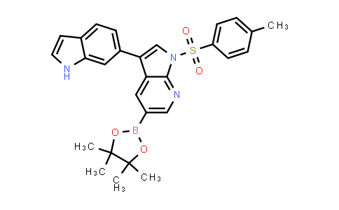 CAS No. 1112948-62-5, 1H-Pyrrolo[2,3-b]pyridine, 3-(1H-indol-6-yl)-1-[(4-methylphenyl)sulfonyl]-5-(4,4,5,5-tetramethyl-1,3,2-dioxaborolan-2-yl)-