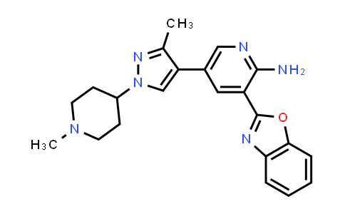 CAS No. 1146946-20-4, 2-Pyridinamine, 3-(2-benzoxazolyl)-5-[3-methyl-1-(1-methyl-4-piperidinyl)-1H-pyrazol-4-yl]-