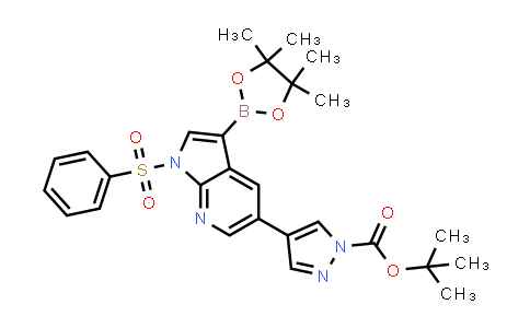 CAS No. 1147998-42-2, 1H-Pyrazole-1-carboxylic acid, 4-[1-(phenylsulfonyl)-3-(4,4,5,5-tetramethyl-1,3,2-dioxaborolan-2-yl)-1H-pyrrolo[2,3-b]pyridin-5-yl]-, 1,1-dimethylethyl ester