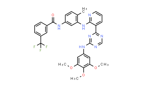 CAS No. 1157857-30-1, Benzamide, N-[4-methyl-3-[[3-[4-[(3,4,5-trimethoxyphenyl)amino]-1,3,5-triazin-2-yl]-2-pyridinyl]amino]phenyl]-3-(trifluoromethyl)-