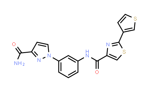 CAS No. 1172991-86-4, N-(3-(3-Carbamoyl-1H-pyrazol-1-yl)phenyl)-2-(thiophen-3-yl)thiazole-4-carboxamide