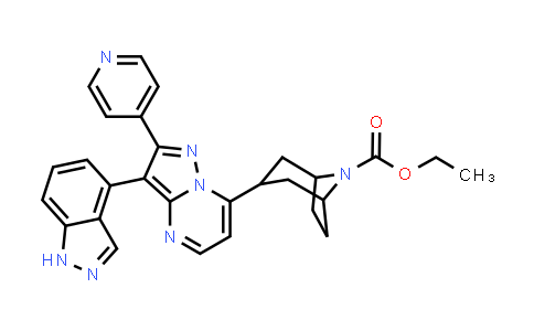 CAS No. 1186332-93-3, 8-Azabicyclo[3.2.1]octane-8-carboxylic acid, 3-[3-(1H-indazol-4-yl)-2-(4-pyridinyl)pyrazolo[1,5-a]pyrimidin-7-yl]-, ethyl ester