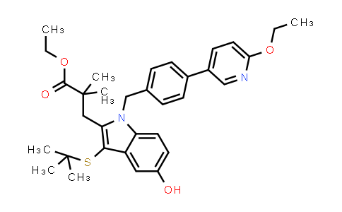 CAS No. 1196965-14-6, 1H-Indole-2-propanoic acid, 3-[(1,1-dimethylethyl)thio]-1-[[4-(6-ethoxy-3-pyridinyl)phenyl]methyl]-5-hydroxy-α,α-dimethyl-, ethyl ester