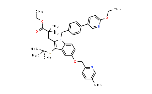 CAS No. 1196965-16-8, 1H-Indole-2-propanoic acid, 3-[(1,1-dimethylethyl)thio]-1-[[4-(6-ethoxy-3-pyridinyl)phenyl]methyl]-α,α-dimethyl-5-[(5-methyl-2-pyridinyl)methoxy]-, ethyl ester