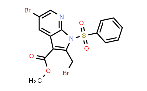 CAS No. 1200130-73-9, 1H-Pyrrolo[2,3-b]pyridine-3-carboxylic acid, 5-bromo-2-(bromomethyl)-1-(phenylsulfonyl)-, methyl ester