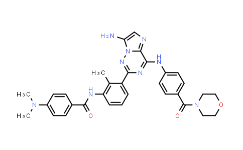 CAS No. 1206706-12-8, Benzamide, N-[3-[7-amino-4-[[4-(4-morpholinylcarbonyl)phenyl]amino]imidazo[2,1-f][1,2,4]triazin-2-yl]-2-methylphenyl]-4-(dimethylamino)-