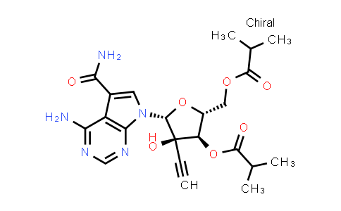 CAS No. 1207518-71-5, 7H-Pyrrolo[2,3-d]pyrimidine-5-carboxamide, 4-amino-7-[2-C-ethynyl-3,5-bis-O-(2-methyl-1-oxopropyl)-β-D-ribofuranosyl]-