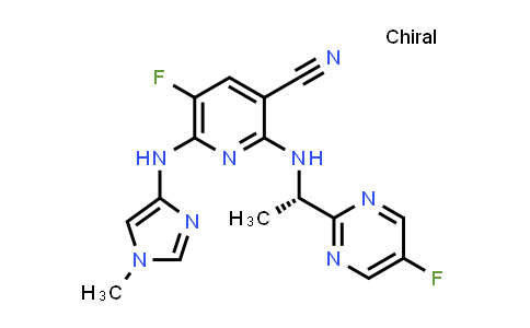 CAS No. 1208892-34-5, 3-Pyridinecarbonitrile, 5-fluoro-2-[[(1S)-1-(5-fluoro-2-pyrimidinyl)ethyl]amino]-6-[(1-methyl-1H-imidazol-4-yl)amino]-