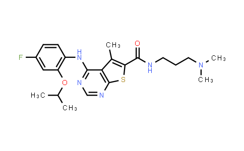 CAS No. 1211758-28-9, N-(3-(Dimethylamino)propyl)-4-((4-fluoro-2-isopropoxyphenyl)amino)-5-methylthieno[2,3-d]pyrimidine-6-carboxamide