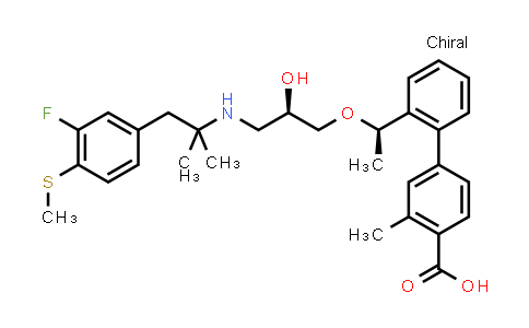 CAS No. 1228839-23-3, [1,1'-Biphenyl]-4-carboxylic acid, 2'-[(1R)-1-[(2R)-3-[[2-[3-fluoro-4-(methylthio)phenyl]-1,1-dimethylethyl]amino]-2-hydroxypropoxy]ethyl]-3-methyl-