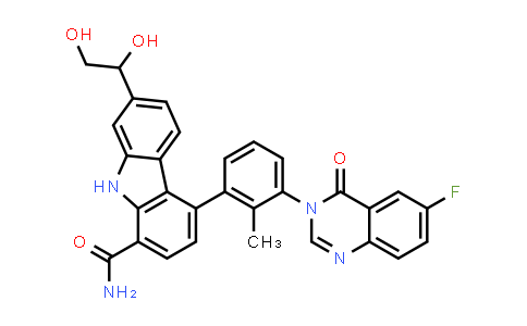 CAS No. 1231889-21-6, 9H-Carbazole-1-carboxamide, 7-(1,2-dihydroxyethyl)-4-[3-(6-fluoro-4-oxo-3(4H)-quinazolinyl)-2-methylphenyl]-