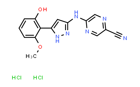 CAS No. 1234015-70-3, 5-((5-(2-Hydroxy-6-methoxyphenyl)-1H-pyrazol-3-yl)amino)pyrazine-2-carbonitrile dihydrochloride