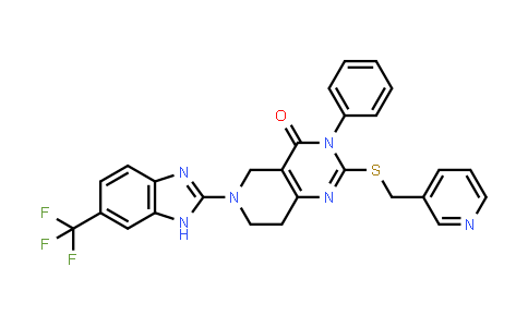 CAS No. 1240708-69-3, Pyrido[4,3-d]pyrimidin-4(3H)-one, 5,6,7,8-tetrahydro-3-phenyl-2-[(3-pyridinylmethyl)thio]-6-[6-(trifluoromethyl)-1H-benzimidazol-2-yl]-