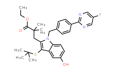 CAS No. 1245899-93-7, Ethyl 3-(3-(tert-butylthio)-1-(4-(5-fluoropyrimidin-2-yl)benzyl)-5-hydroxy-1H-indol-2-yl)-2,2-dimethylpropanoate