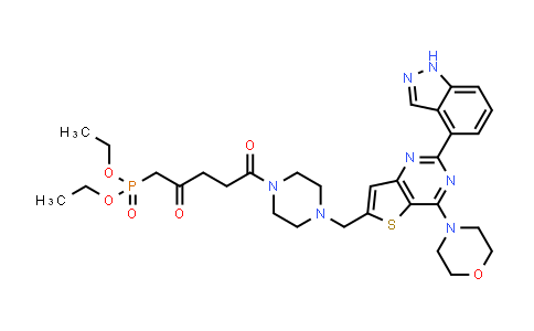 CAS No. 1276109-68-2, Phosphonic acid, P-[5-[4-[[2-(1H-indazol-4-yl)-4-(4-morpholinyl)thieno[3,2-d]pyrimidin-6-yl]methyl]-1-piperazinyl]-2,5-dioxopentyl]-, diethyl ester