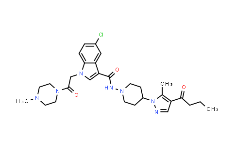 CAS No. 1280290-56-3, 1H-Indole-3-carboxamide, 5-chloro-N-[4-[5-methyl-4-(1-oxobutyl)-1H-pyrazol-1-yl]-1-piperidinyl]-1-[2-(4-methyl-1-piperazinyl)-2-oxoethyl]-