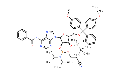CAS No. 129451-75-8, (2R,3R,4R,5R)-2-(6-benzamido-9H-purin-9-yl)-5-((bis(4-methoxyphenyl)(phenyl)methoxy)methyl)-4-((tert-butyldimethylsilyl)oxy)tetrahydrofuran-3-yl (2-cyanoethyl) diisopropylphosphoramidite