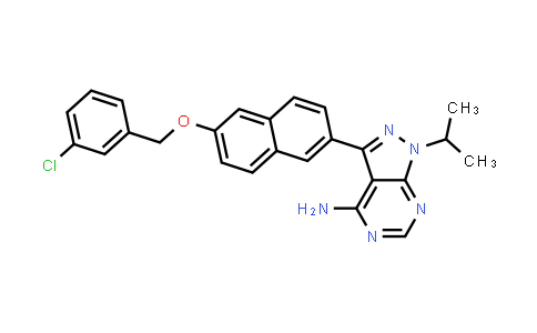 CAS No. 1320266-38-3, 1H-Pyrazolo[3,4-d]pyrimidin-4-amine, 3-[6-[(3-chlorophenyl)methoxy]-2-naphthalenyl]-1-(1-methylethyl)-