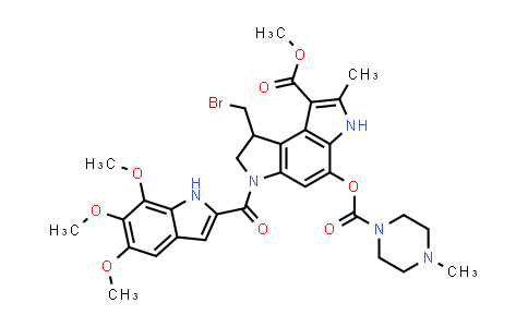 CAS No. 134106-78-8, Benzo[1,2-b:4,3-b']dipyrrole-1-carboxylic acid, 8-(bromomethyl)-3,6,7,8-tetrahydro-2-methyl-4-[[(4-methyl-1-piperazinyl)carbonyl]oxy]-6-[(5,6,7-trimethoxy-1H-indol-2-yl)carbonyl]-, methyl ester