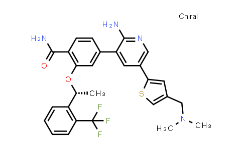 CAS No. 1364268-99-4, Benzamide, 4-[2-amino-5-[4-[(dimethylamino)methyl]-2-thienyl]-3-pyridinyl]-2-[(1R)-1-[2-(trifluoromethyl)phenyl]ethoxy]-