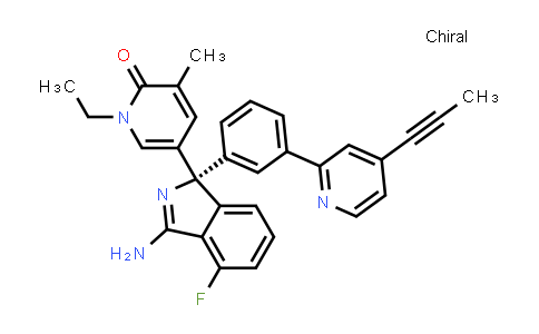 CAS No. 1383847-07-1, 2(1H)-Pyridinone, 5-[(1R)-3-amino-4-fluoro-1-[3-[4-(1-propyn-1-yl)-2-pyridinyl]phenyl]-1H-isoindol-1-yl]-1-ethyl-3-methyl-