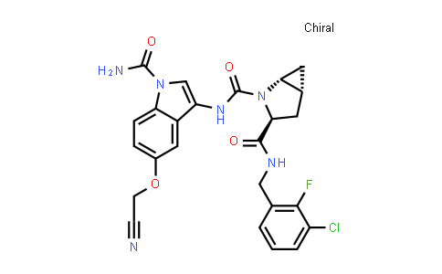 CAS No. 1386452-03-4, 2-Azabicyclo[3.1.0]hexane-2,3-dicarboxamide, N2-[1-(aminocarbonyl)-5-(cyanomethoxy)-1H-indol-3-yl]-N3-[(3-chloro-2-fluorophenyl)methyl]-, (1R,3S,5R)-