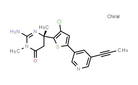 CAS No. 1392015-19-8, 4(3H)-Pyrimidinone, 2-amino-6-[3-chloro-5-[5-(1-propyn-1-yl)-3-pyridinyl]-2-thienyl]-5,6-dihydro-3,6-dimethyl-, (6S)-