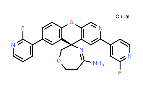 CAS No. 1393343-74-2, Spiro[5H-[1]benzopyrano[2,3-c]pyridine-5,3'(2'H)-[1,4]oxazepin]-5'-amine, 7-(2-fluoro-3-pyridinyl)-3-(2-fluoro-4-pyridinyl)-6',7'-dihydro-, (3'S)-