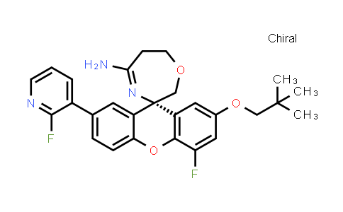 CAS No. 1393343-76-4, Spiro[1,4-oxazepine-3(2H),9'-[9H]xanthen]-5-amine, 2'-(2,2-dimethylpropoxy)-4'-fluoro-7'-(2-fluoro-3-pyridinyl)-6,7-dihydro-, (3S)-